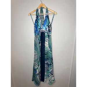 Y2K VTG Bethany Blue Teal Butterfly Print Halter Maxi Dress Ring Detail Size 10